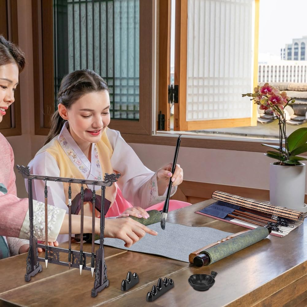 AHANDMAKER Set di 15 pennelli per calligrafia cinese Kanji Giapponese Sumi Volta Scrittura E Pennelli Da Disegno Set Per Principianti In Arte Acquerello Con Porta Pennelli Rullabile Contenitore