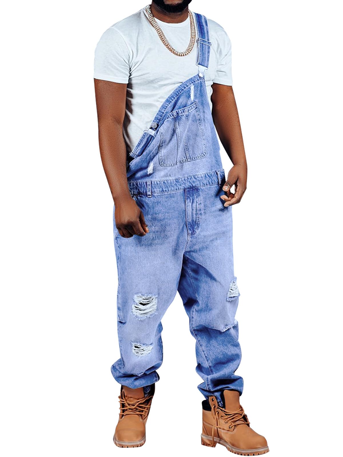 Runcati Men's Denim Bib Overall Ripped Distressed Jean Fashion Casual Adjustable Strap Loose Fit Hippie Jumpsuit