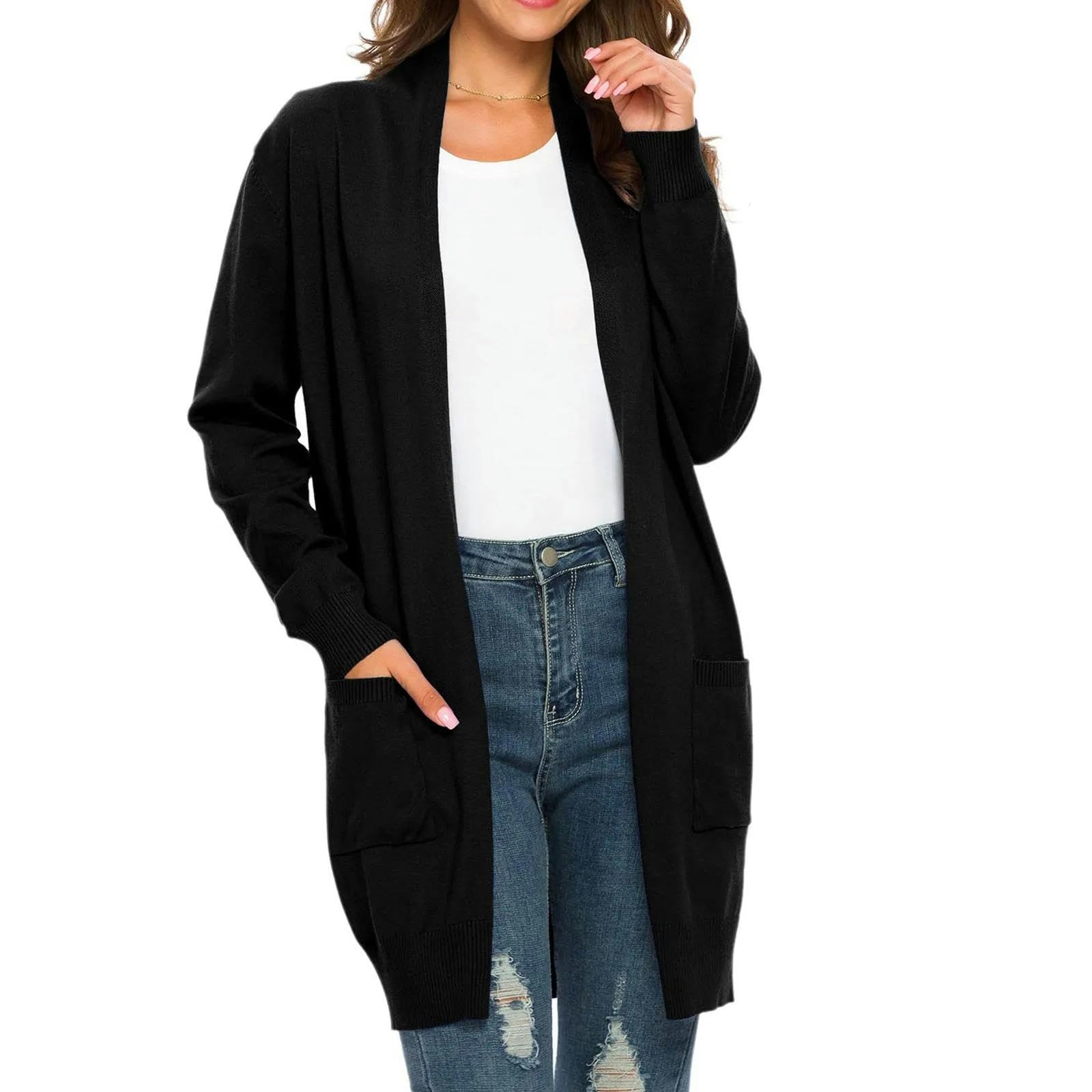 Sweter dla kobiet, kardigan damski, sweter jesienny, otwarty przód, dzianinowy, oversize, płaszcz z kieszeniami