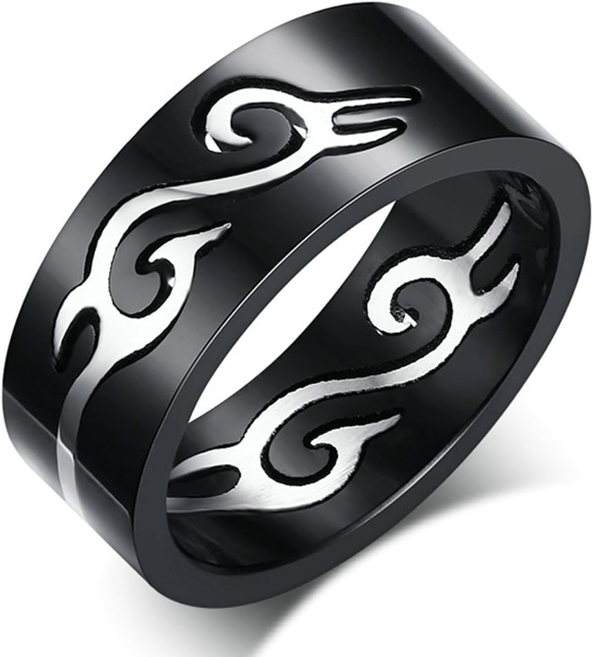 Onefeart Women's Stainless Steel Ring Engagement Ring Pattern Ring two In One 7.5MM Silver Black