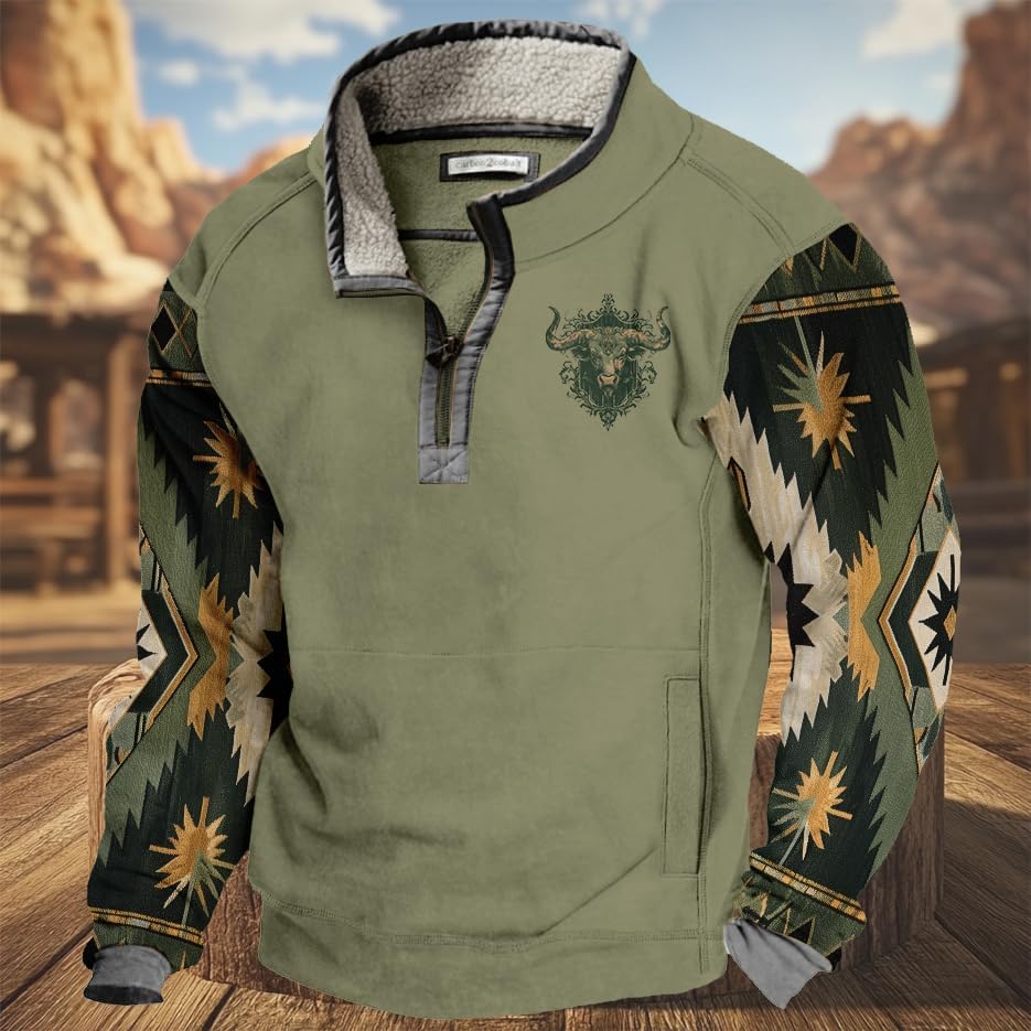 HOTYD Mens 1/4 Zip Fleece Stand Collar Sweatshirt Oversized Long Sleeve Aztec Graphic Pullover Western Jackets with Pockets - Image 2
