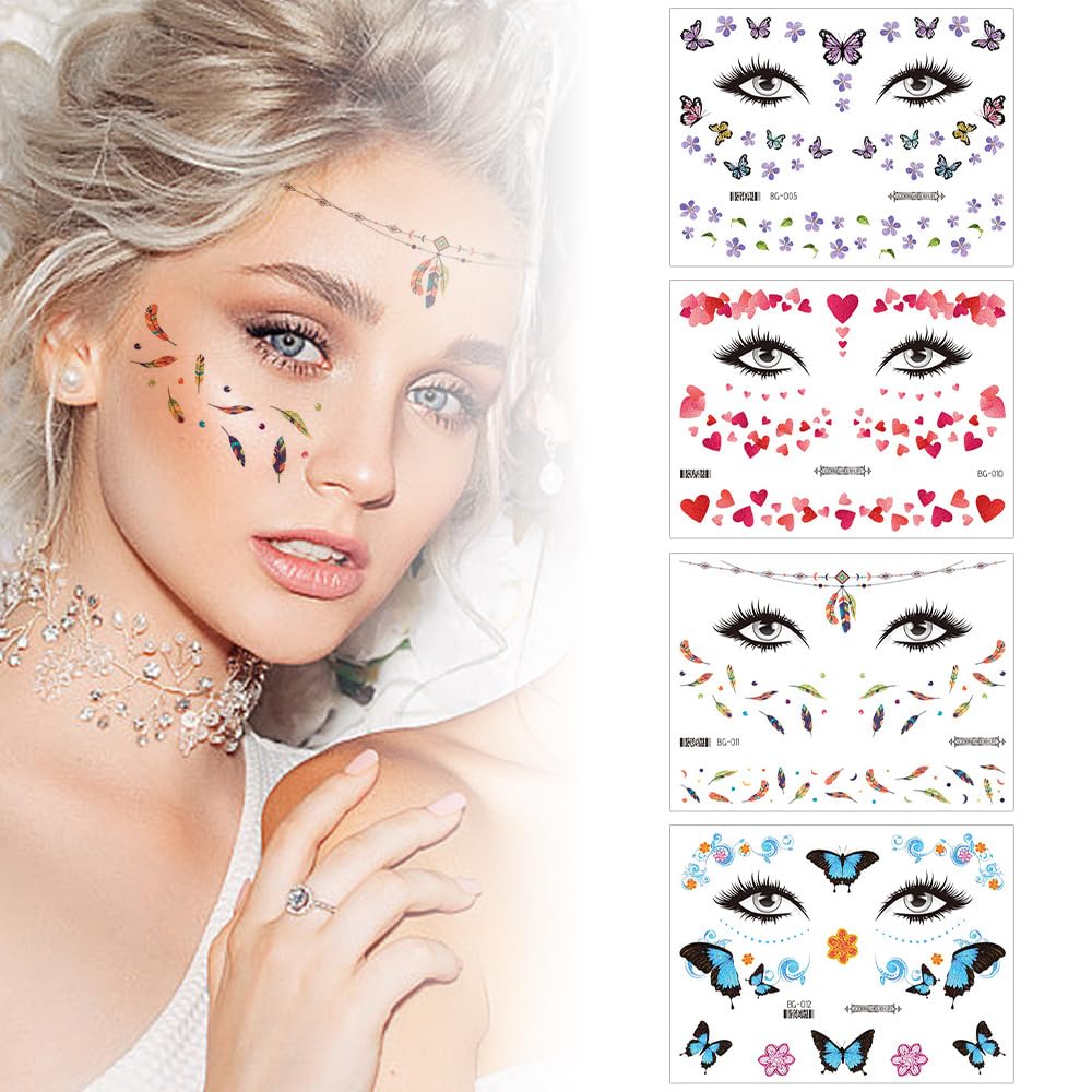 4 Sheets Glitter Face Temporary Tattoo for Girls, Butterfly, Hearts, Feathers, Face Tattoos Sticker Freckle Sticker for Women, Glitter Metallic Face Temporary Tattoos for Festival Party