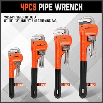 HORUSDY 4 Pack Heavy Duty Pipe Wrench Set, Adjustable 8 10 12 14 Soft Grip Plumbing Wrench Set with Storage Bag