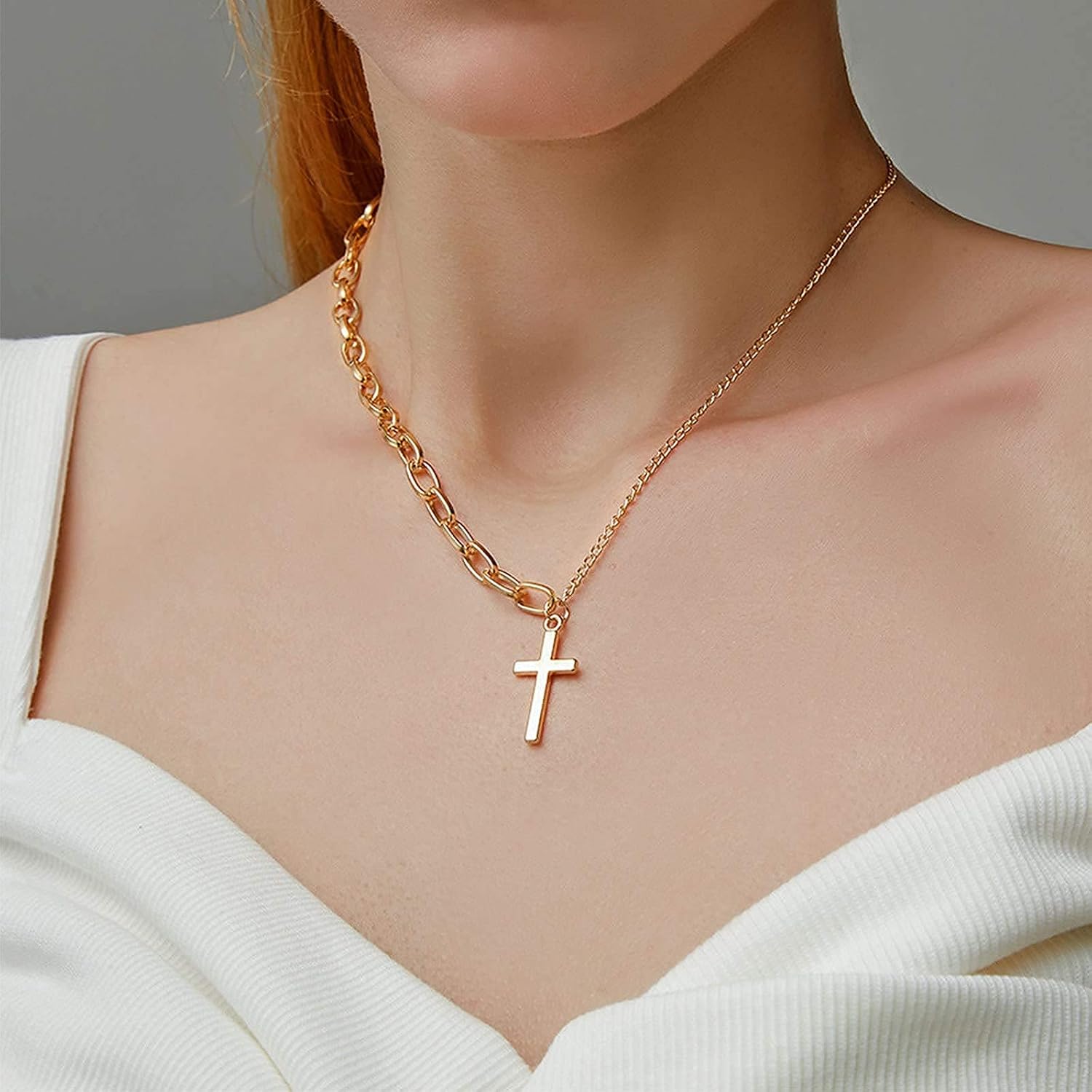 Yienate Simple Cross Necklace Asymmetric Chain Cross Pendant Necklace Paperclip Chain Fashion Jewelry for Women and Girls (Gold) - Image 3