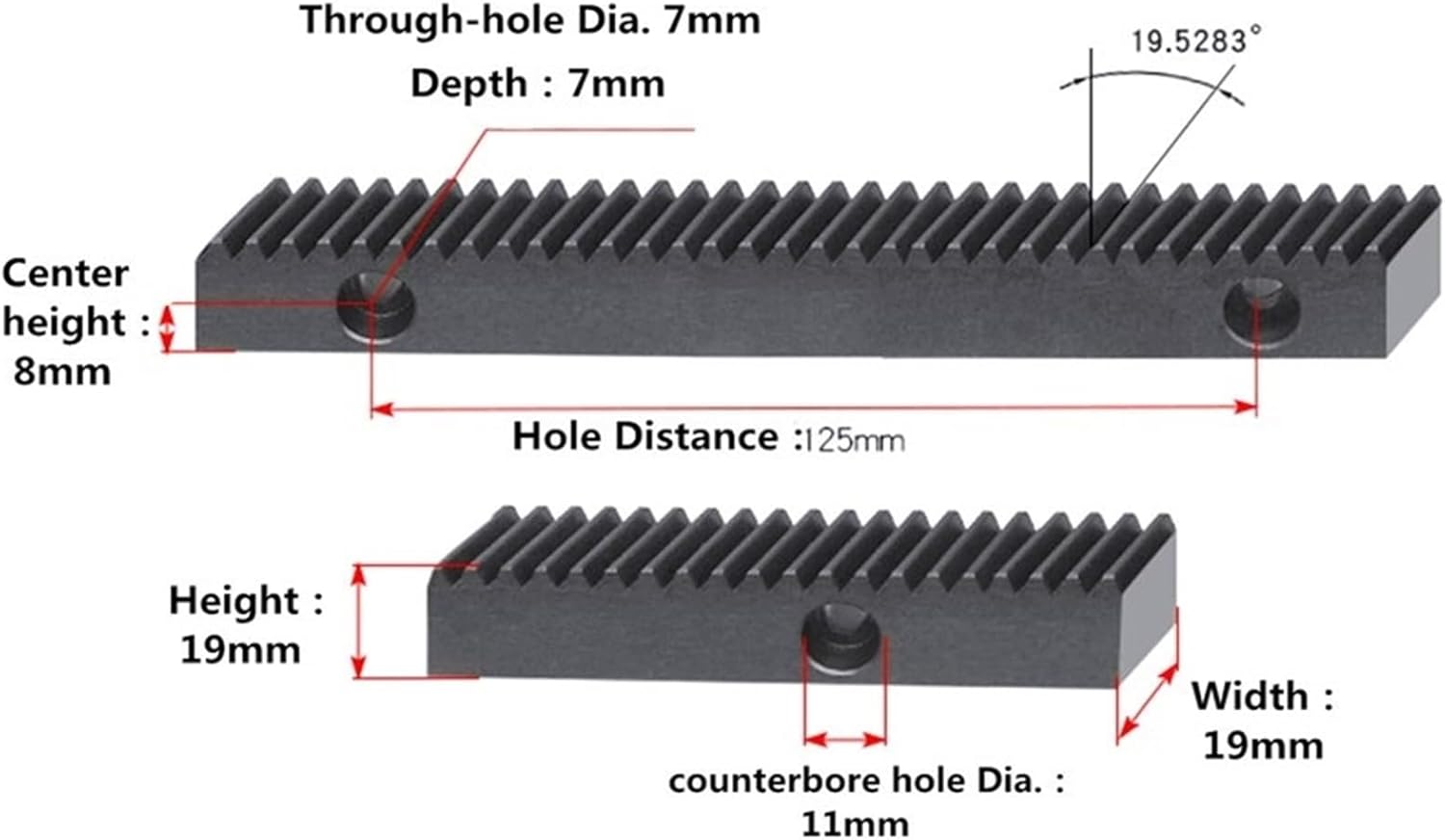 Carbon Steel Motor spur Gear 1pcs 1.5 Mod Helical Rack 19 * 19 1000mm Helical Gear Zipper Metal Steel Pinion Gear Set for CNC Engraving Machine