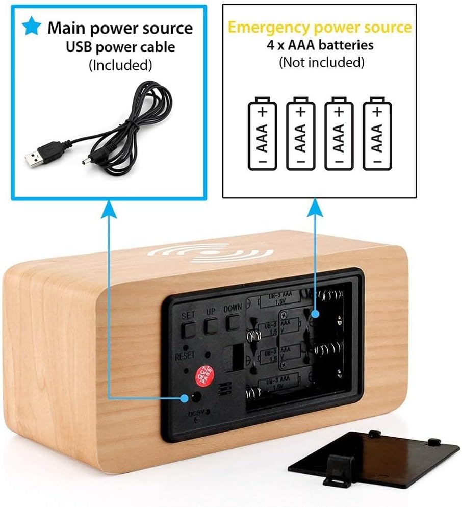 Wooden Digital Alarm Clock with Wireless Charging, LED Digital Clock with Temperature and Date Display, Alarm Clock with Multiple Alarms, 3 Levels Brightness, Sound Control, 12/24H ( Color : Bamboo )