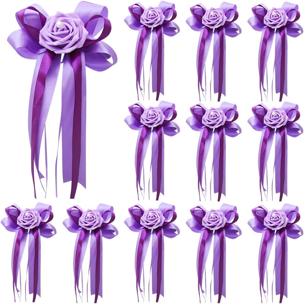 12 Pieces Wedding Car Flower Decoration Artificial Rose Flower with Ribbon Bows Wedding Aisle Chair Back Flowers Decor Car Door Handles Rearview Mirror Decorative Flower,Purple