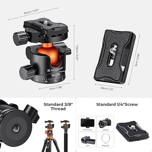 Miniatura 4 de K&F CONCEPT Cabezal de bola de trípode de metal de 1.417 in giratorio de 360 grados panorámico con placa de liberación rápida de 14 pulgadas, nivel