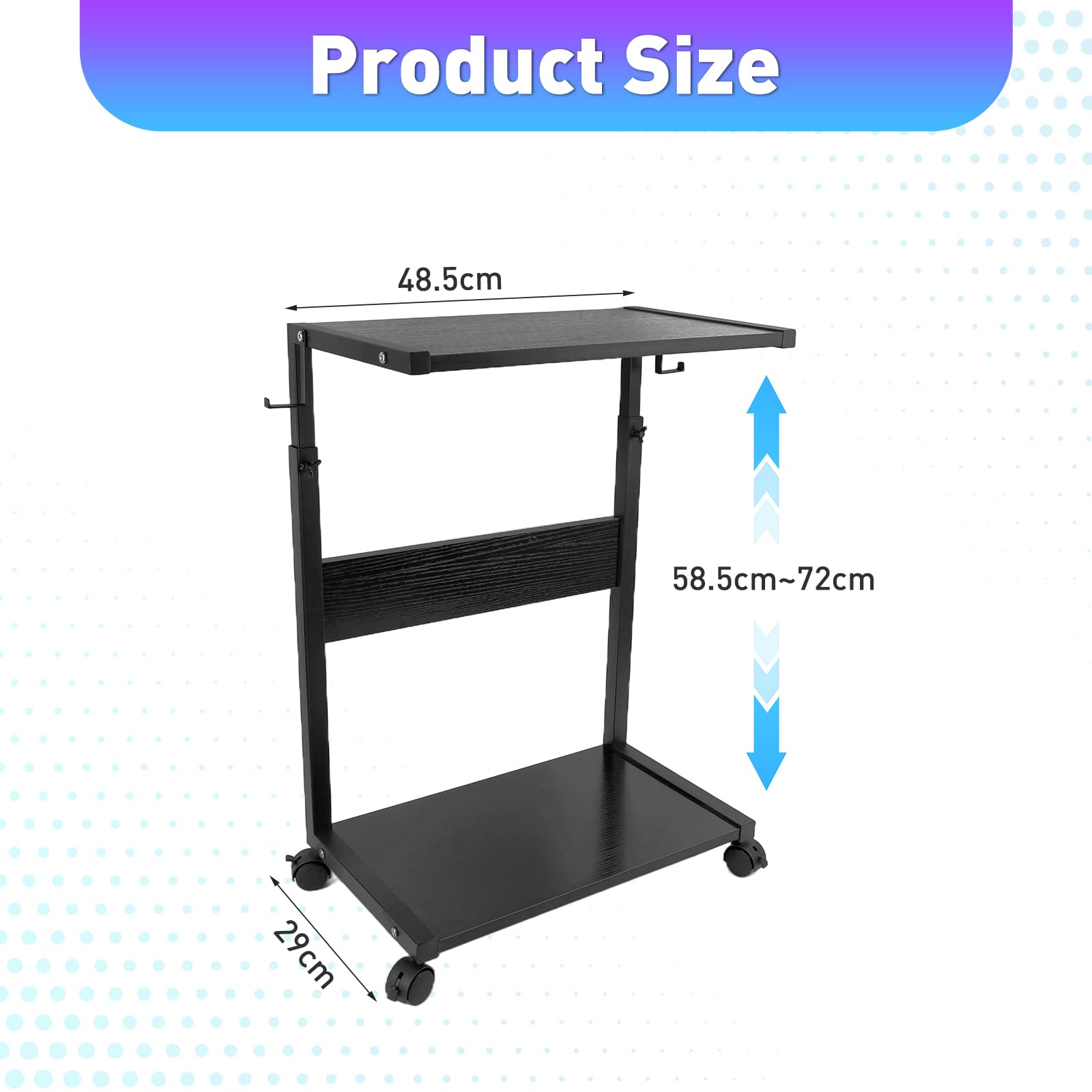 Soporte Torre PC con Ruedas, Soporte para Impresora Ajustable en Altura, Mueble para Torre Ordenador de Sobremesa con 4 Ganchos, para Bajo Mesa (58.5-72 cm)