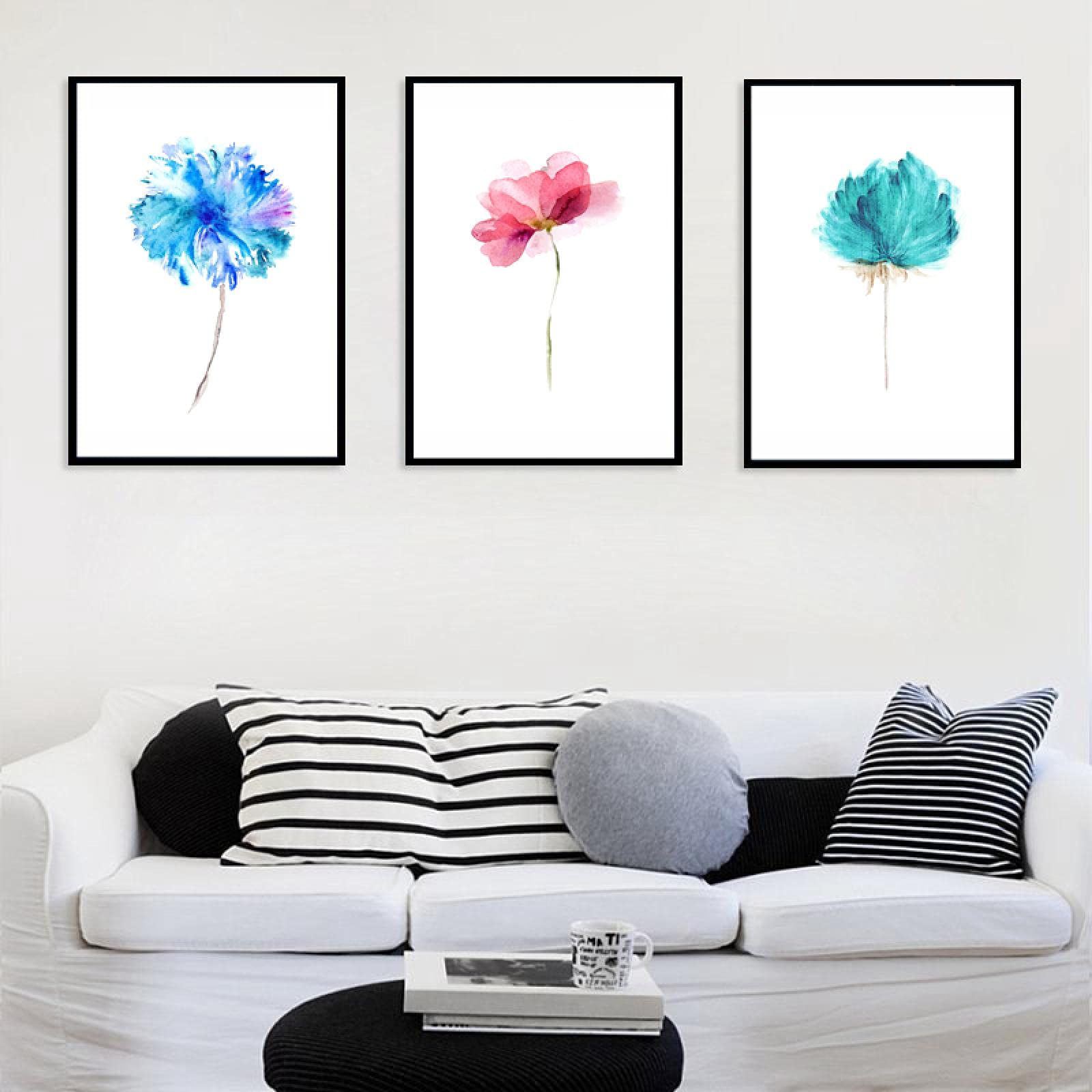 Tableau fleurs aquarelle salon moderne triptyque chic rouge et bleu - 8