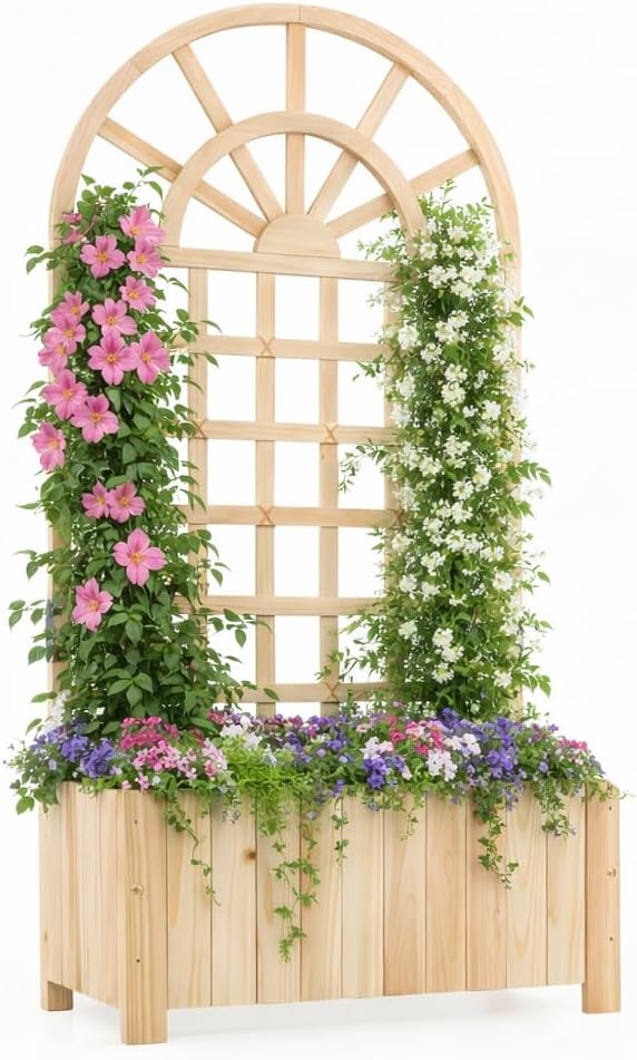 Giantex Wooden Raised Garden Bed with Arched Trellis, 48” Fir Wood Outdoor Elevated Planter Box Privacy Screen with Drainage Holes, Vertical Garden Bed for Climbing Plants, Patio Balcony Backyard