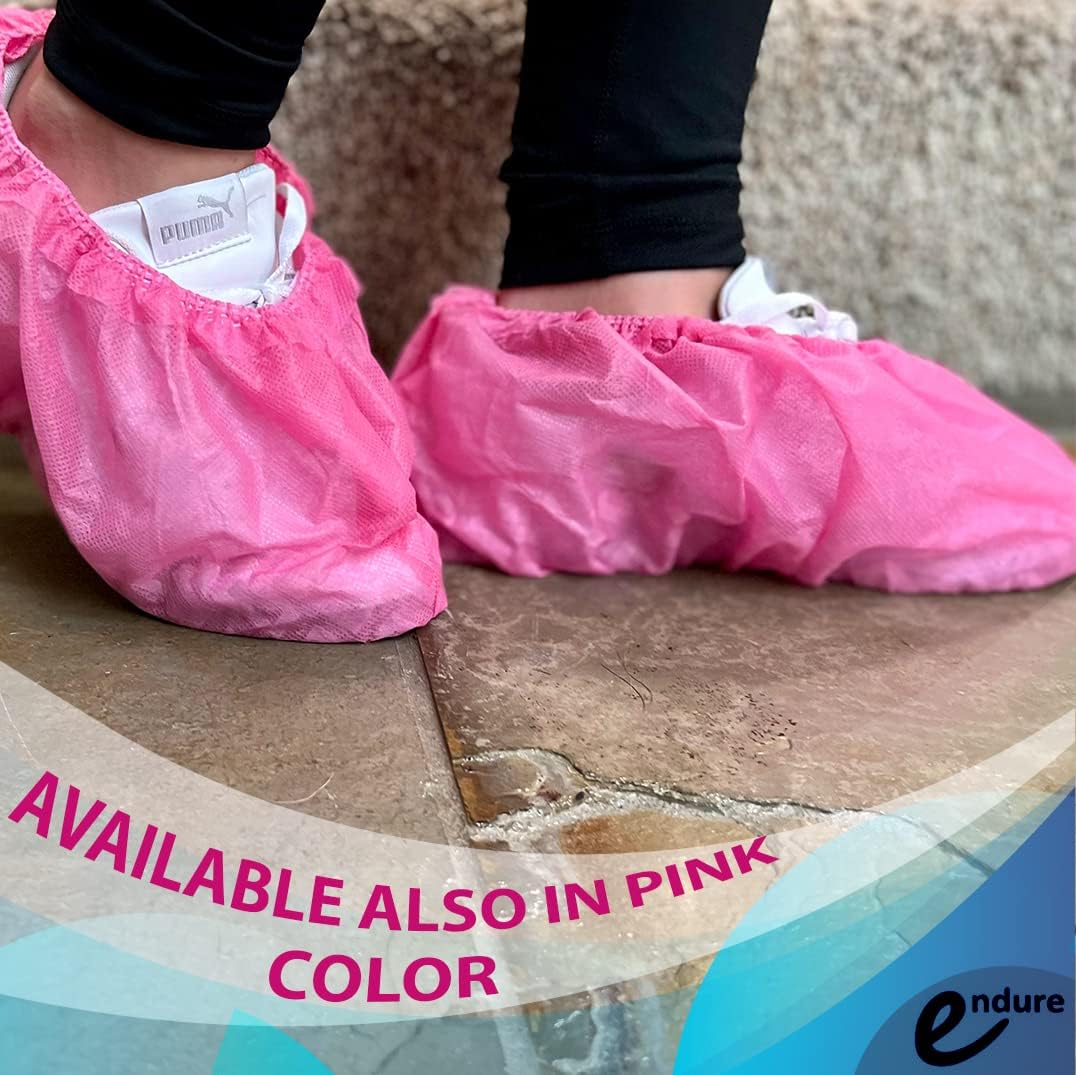 Endure Disposable Waterproof Shoe Cover- Pink, Nonwoven PP, with Print & Elastic on Bottom & Anti-Skid, 200 Pairs (400)
