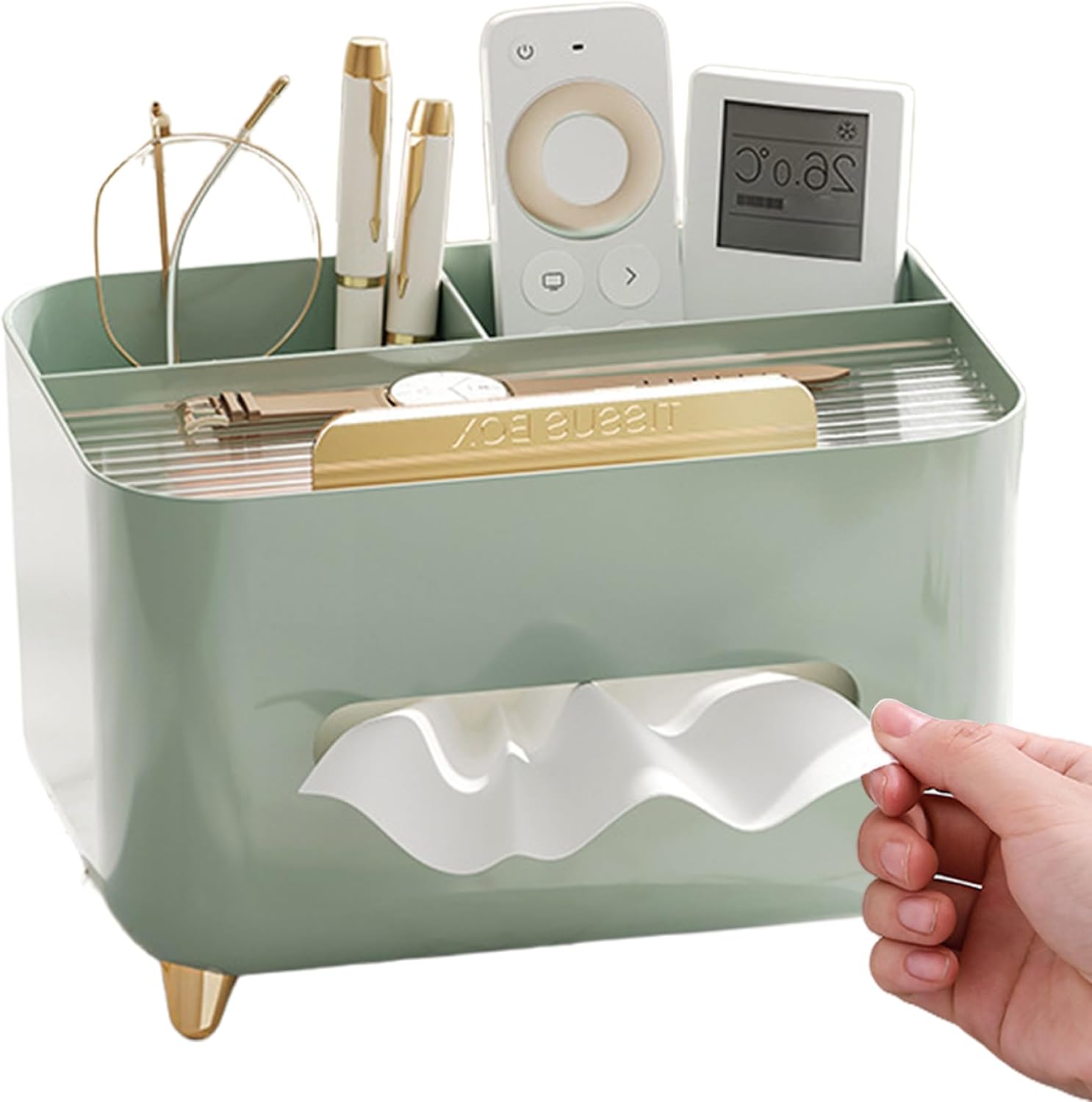 Tissue Box Holder, Multifunction Tissue Box Cover with Compartments Stylish Remote Control Desk Storage for Living Room Bedroom Dressers Home Office, Green