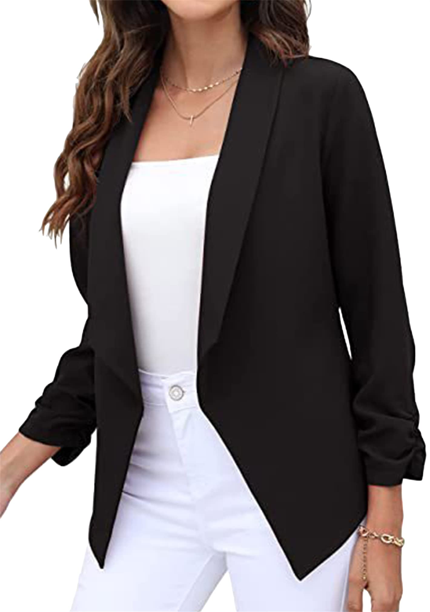 BOFETA Womens Blazer Open Front Cardigan 3 4 Sleeve Fitted Jacket Casual Office Cropped Blazer
