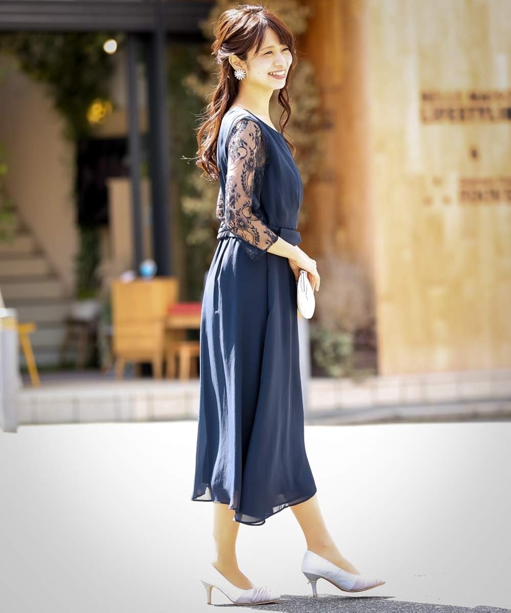 Amazon Co Jp Nissen ニッセン パーティードレス ワンピースドレス 大きいサイズ ウエストデザインベルト付き袖レース 前開きワンピースドレス 結婚式 二次会 お呼ばれ対応 大きいサイズ有 服 ファッション小物