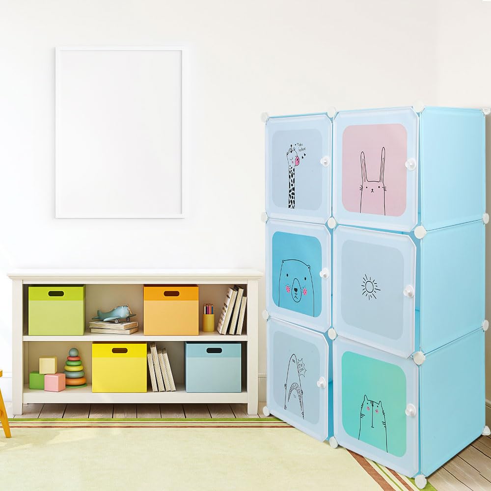 Armadio in plastica modulabile 6 cubi con ante per giocattoli 74x37x110 cm blu