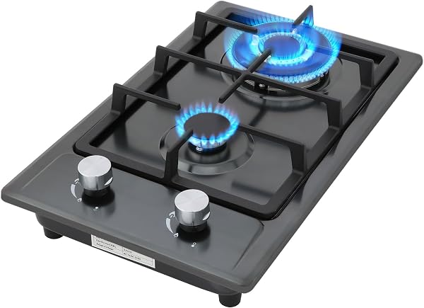 Gas Hob,Built-in Stainless Steel Gas Hob 2 burners with Flame Failure Protection,Cast iron grille,Power cable110cm/43in,Cast Iron Pan Support,LPG/NG Kit,51cm x 31cm - 1
