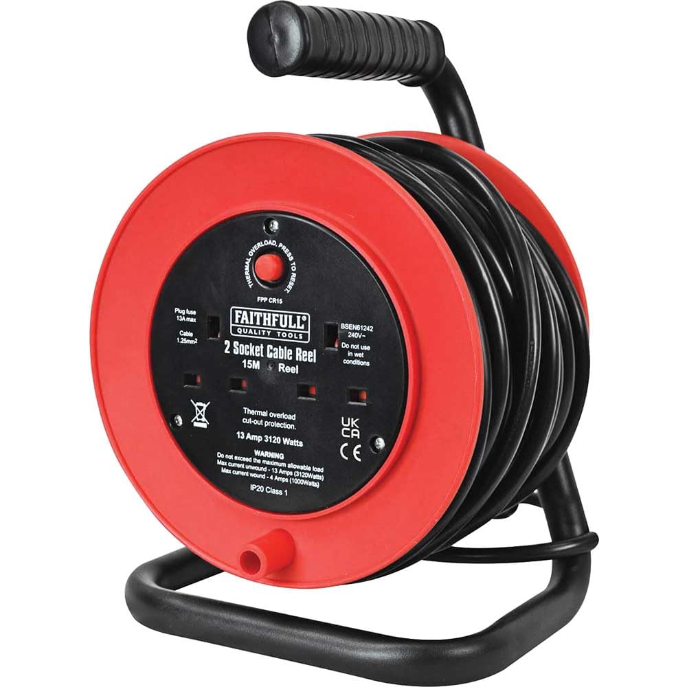 Faithfull Power Plus FPPCR15 13 A 2 Socket Open Drum Cable Reel, 240 V, Blue, 15 m