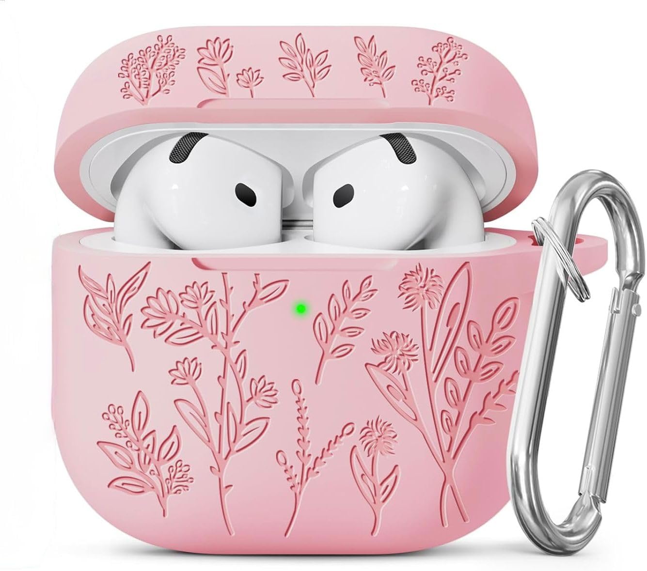 Meyaar Silicone Case for AirPods 4 Floral Embossed, Flower Engraved Soft Silicone Cover with Keychain, Anti-Scratch, Shockproof Protective Case Cover (Pink, for AirPods 4 (2024)-image-49