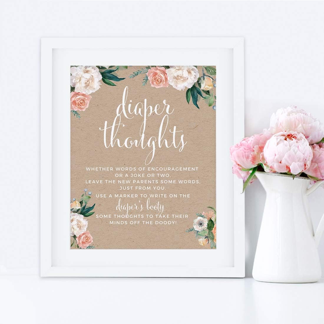 Andaz Press Peach Kraft Brown Rustic Floral Garden Party Baby Shower Collection, Diaper Thoughts Party Sign, 8.5x11-inch, 1-Pack, Games Activities and Decorations