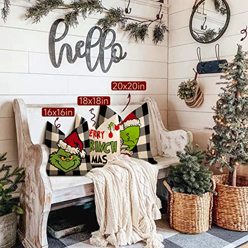 Christmas Pillow Covers 18X18 Set Of 4 For Grinch Christmas Decorations Christmas Pillows Xmas Farmhouse Decor Throw Pillow Covers For Porch Decor,Couch ,Bed #TOP5