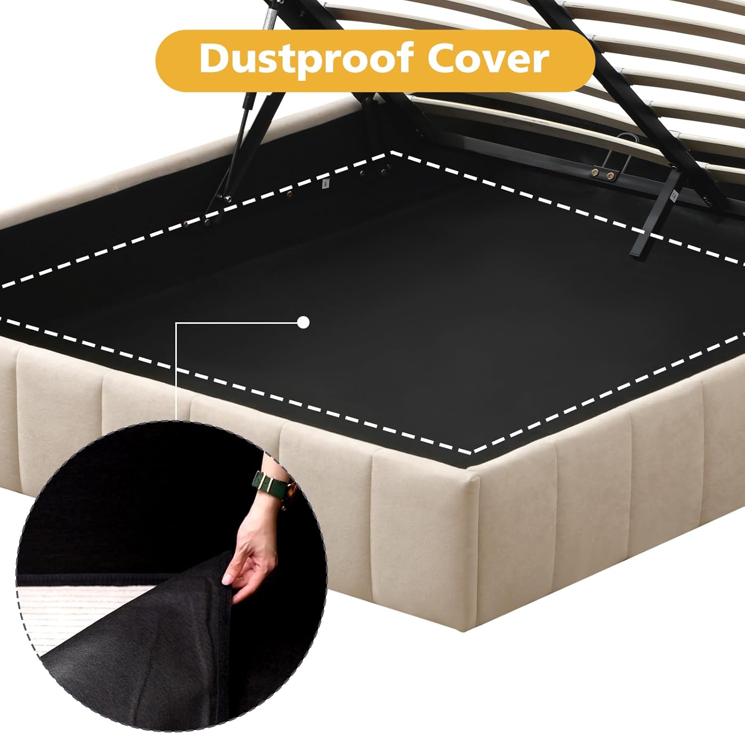 VELOCAVA Queen Size Lift Up Storage Bed Frame, Upholstered Platform Bed with Gas Hydraulic Lift, No Headboard, Underbed Storage Space, Wooden Slats Support, No Spring Box Needed, Beige