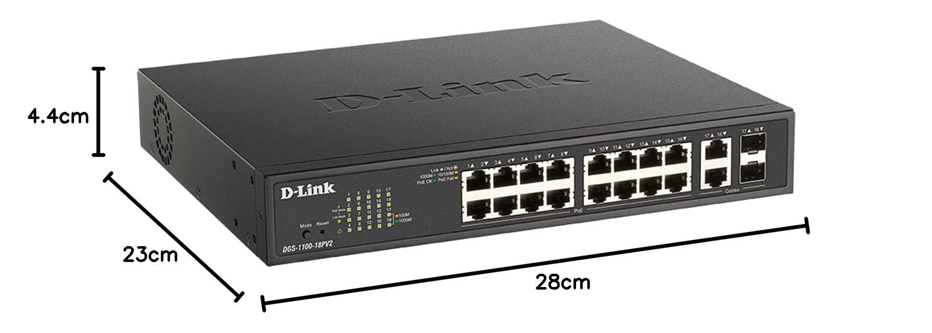 Switch Smart Managed Gigabit PoE D-Link DGS-1100-18PV2, Switch di Rete Layer 2 a 18 Porte, 16 Porte PoE+, Budget PoE 130W, VLAN, QoS, Surveillance VLAN, Montaggio Rack