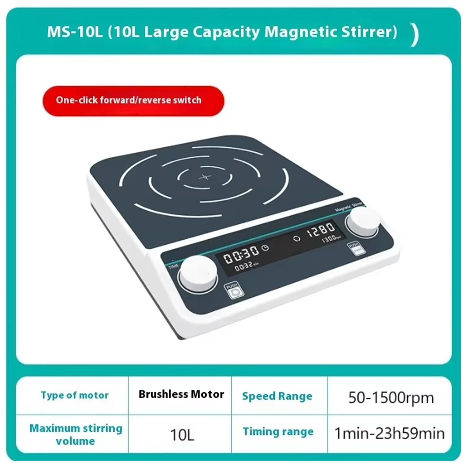 Agitatore Magnetico Grande Capacità 5-50L Display LCD Agitazione Avanti E Indietro Velocità 50-1500 Giri/Min Temporizzazione 1 Min-23h59min Miscelatore Magnetico Agitatore Laboratorio,10L