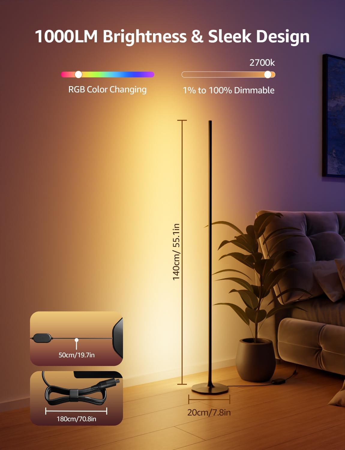 Lepro OE1 AI Corner Floor Lamp, Smart RGBICW LED Corner Lamp with Music Sync, Alexa Enabled, Personalized AI Lighting Designer, Modern Standing Lamp for Living Room/Bedroom,1000LM,2.4G WiFi, No Remote