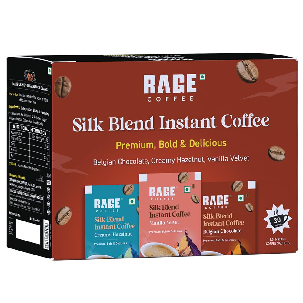 Rage Coffee Silk Blend Assorted Coffee Sachets | Pack of 30 | Rich & Bold Instant Coffee Flavour Coffee | Vanilla Velvet, Belgian Chocolate, Creamy Hazelnut | Premium Bold & Smooth (10 Sachets Each Flavour) (Silk Blend Assorted)