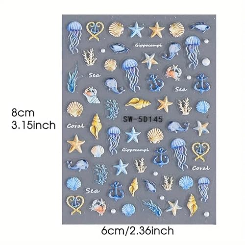 Powpop 307 5D Embossed Ocean Life Nail Art Stickers Decals Self Adhesive Seashell Starfish Nail Decals Sea Creature Designs Summer Nail Stickers Marine Life Manicure Sliders thumb #6