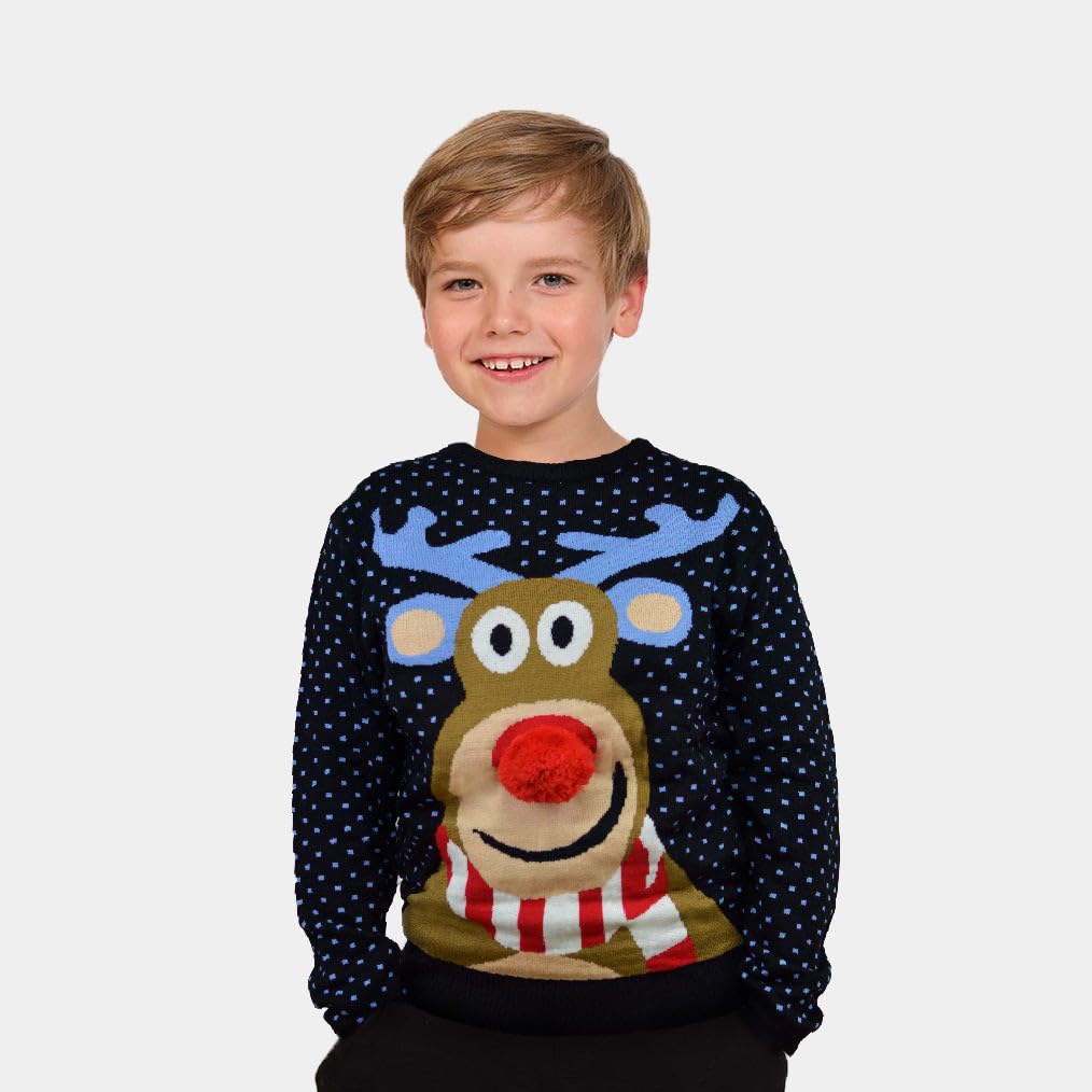 Jersey Navideño para Mujer, Hombre y Niños Reno Rodolfo con Nariz Roja en 3D