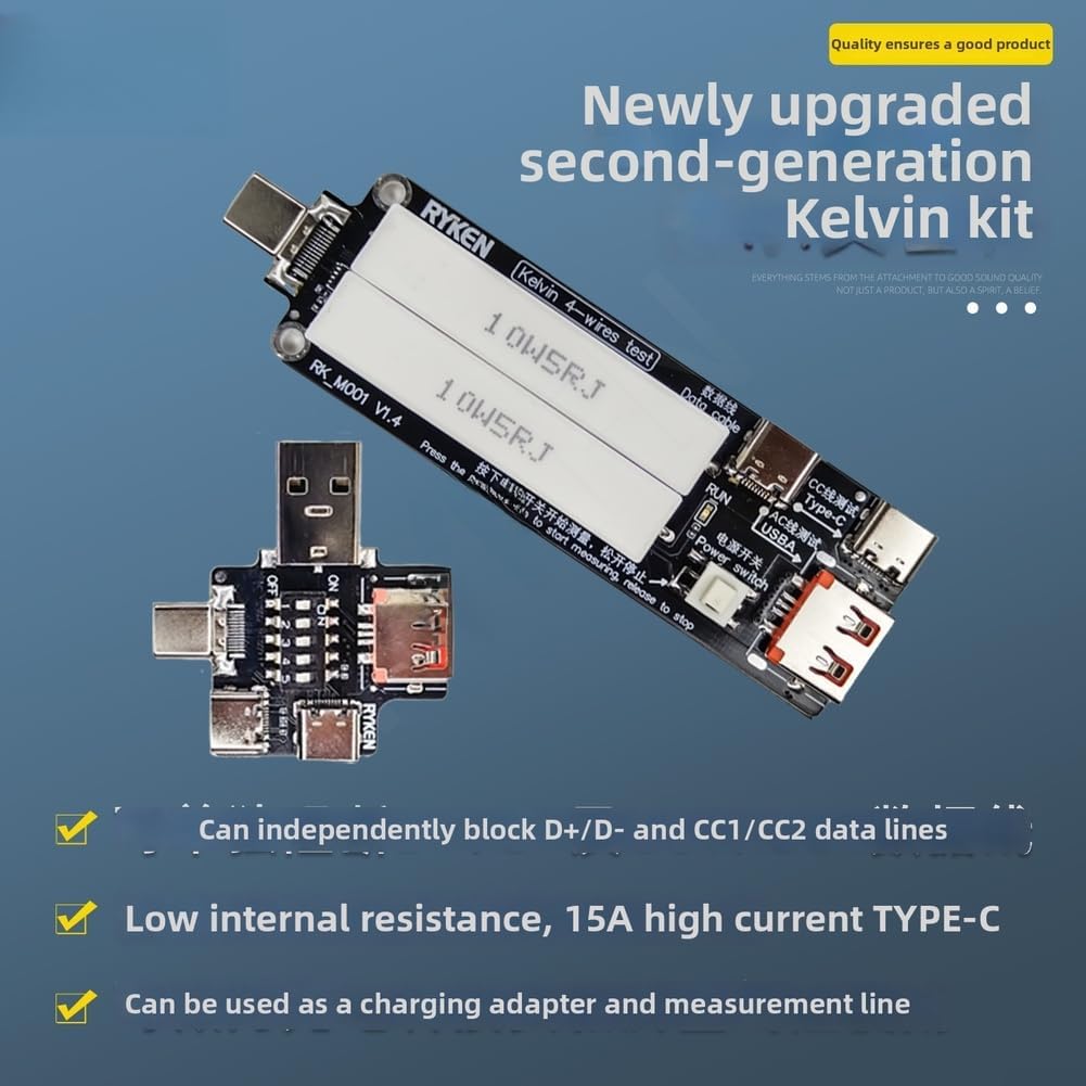 Medidor de voltaje USB RK-X3 M001 con configuración de línea Kelvin de 4 cables optimizado para pruebas de baja resistencia y captura de señal de alimentación USB de alta fidelidad (RK-X3 rojo 48V+