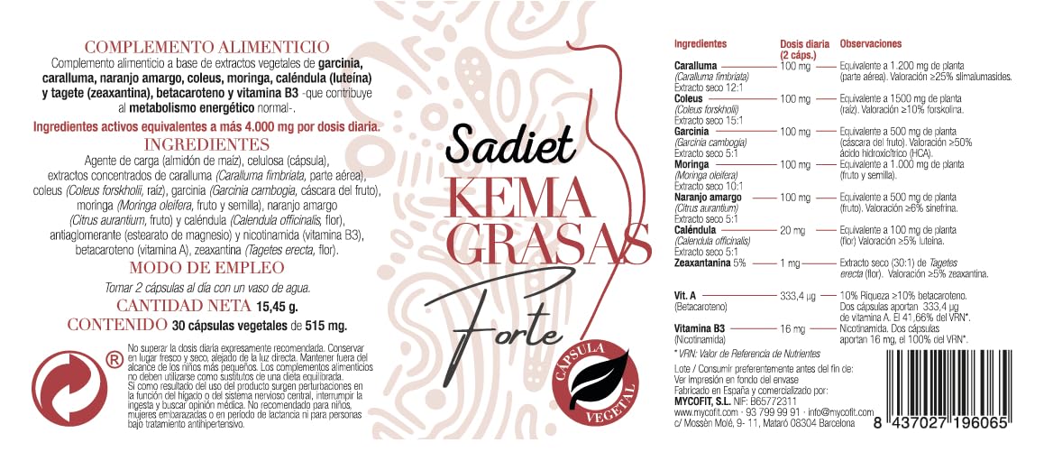 Kemagrasa Forte | Suplemento para adelgazar | Quemagrasas y saciante eficaz | 30 capsulas Adelgazante efectivo Acelera metabolismo | Incrementa diuresis | Metaboliza lípidos | Rico en vitamina B3