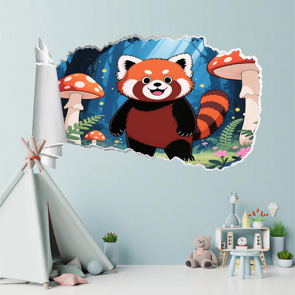 Wandtattoo 3D Durchbruch Roter Panda Wandsticker Wanddekoration selbstklebend Waldpilze Wandaufkleber Deko Schlafzimmer Wohnzimmer Kinderzimmer Kunst Wohnkultur Wandbilder
