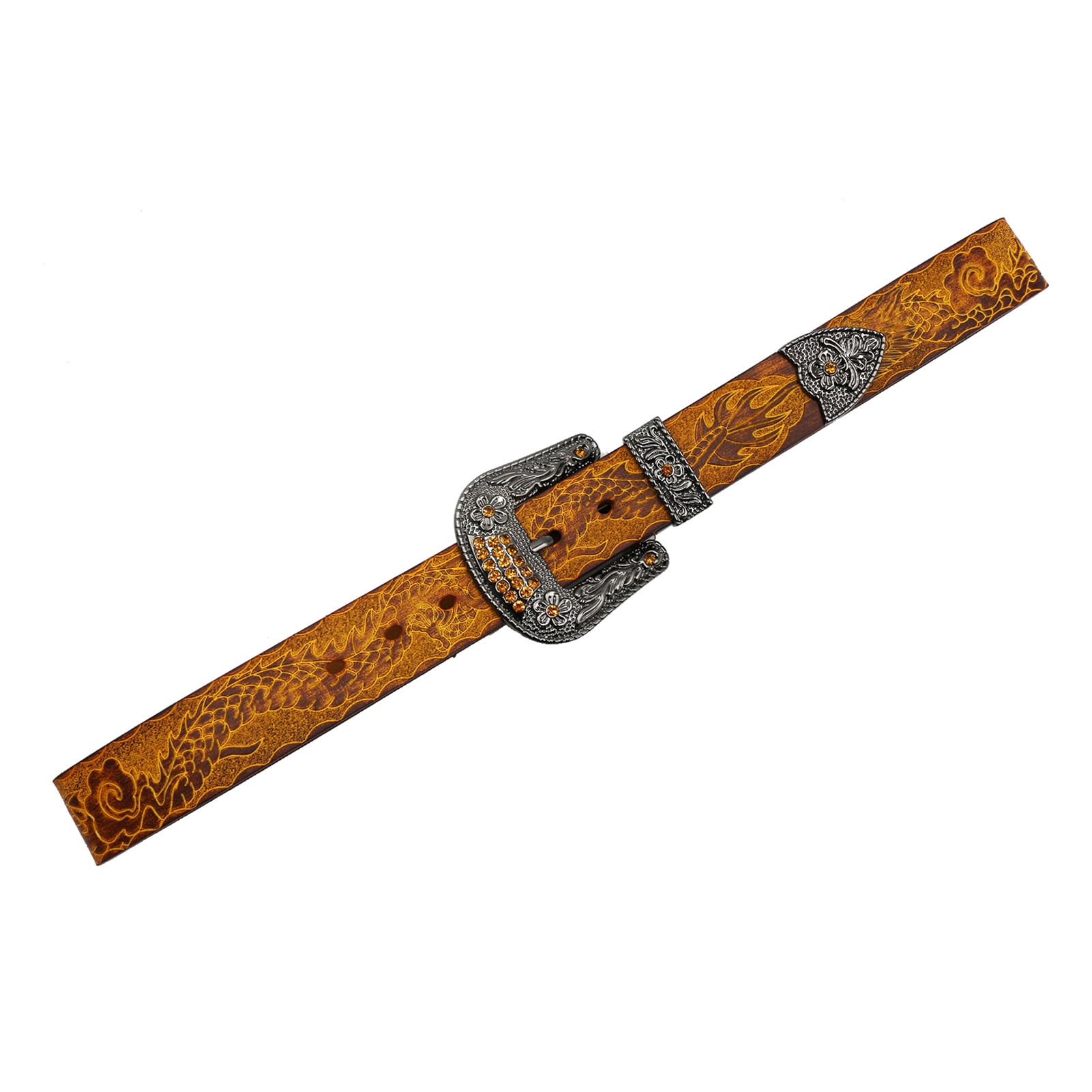 Handgemachter Herren Damen Ledergürtel aus Echtem Leder, Legierung Dornschließe Strass Schnalle, Anzug Jeans Gürtel,Drache Prägung(125cm/49, Brown)