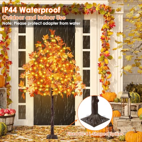 6FT Artificial Lighted Maple Tree, Fall Thanksgiving Decor with Timer, 150 LED Warm White Prelit Light up Fall Maple Tree for Indoor Outdoor Halloween Autumn Home Party Decorations, Orange