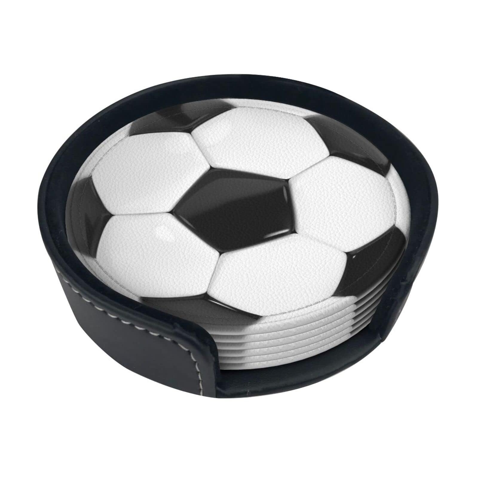 Football Soccer Coasters for Drinks with Holder Leather Coasters Set of 6 for Coffee Table