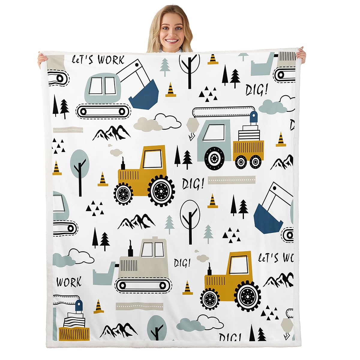 Feelyou Kids Construction Fleece Throw Blanket Equipment Trucks Plush Blanket Excavator Tractor White Yellow Fuzzy Blanket Twin 60"x80"