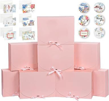 12 Pack Gift Boxes with Lids, Kraft Paper Gift Boxes with Ribbon Greeting Cards Envelopes for Wedding Birthday Christmas Party Present Packaging pink