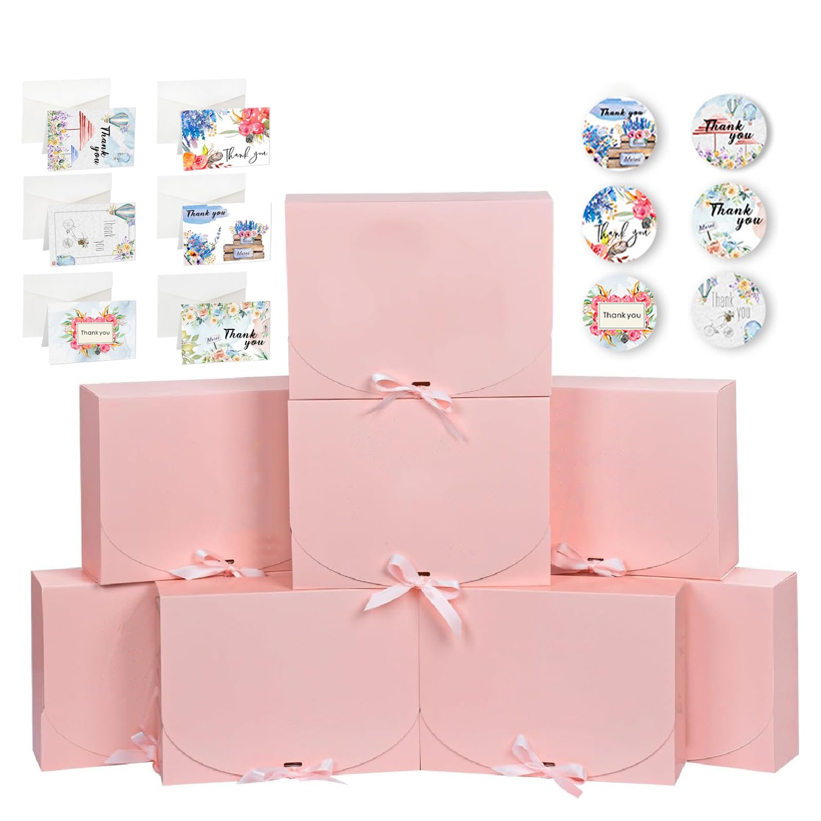 12 Pack Gift Boxes with Lids, Kraft Paper Gift Boxes with Ribbon Greeting Cards Envelopes for Wedding Birthday Christmas Party Present Packaging (pink)