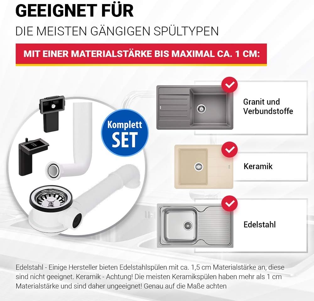 Aquade Siebkorbventil 70mm - Siebkorb Spüle - Siphon Spüle - Sifon Spüle Set Für Küche - Spülbecken Abfluss - Modell: Raumschaffer + Abtropfüberlauf und Standard Überlauf