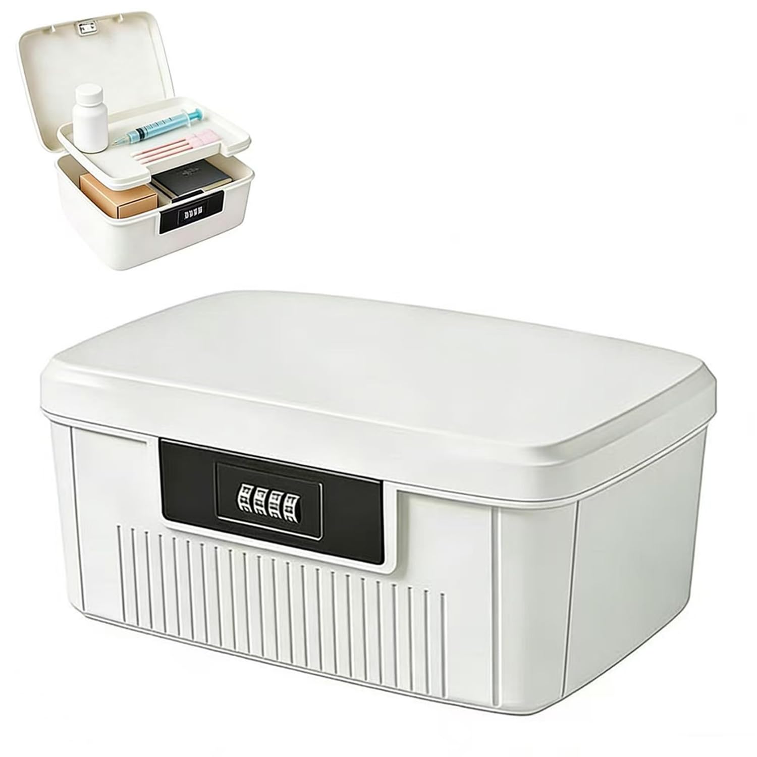 Chiziyixin 2 Layer Medicine Storage Box,Medication Lock Box with 4 Digital Code,Portable Handle,Removable Tray,Lockable Medical Storage Organiser for Home Cabinet School Office 25X21X11.5cm (White)