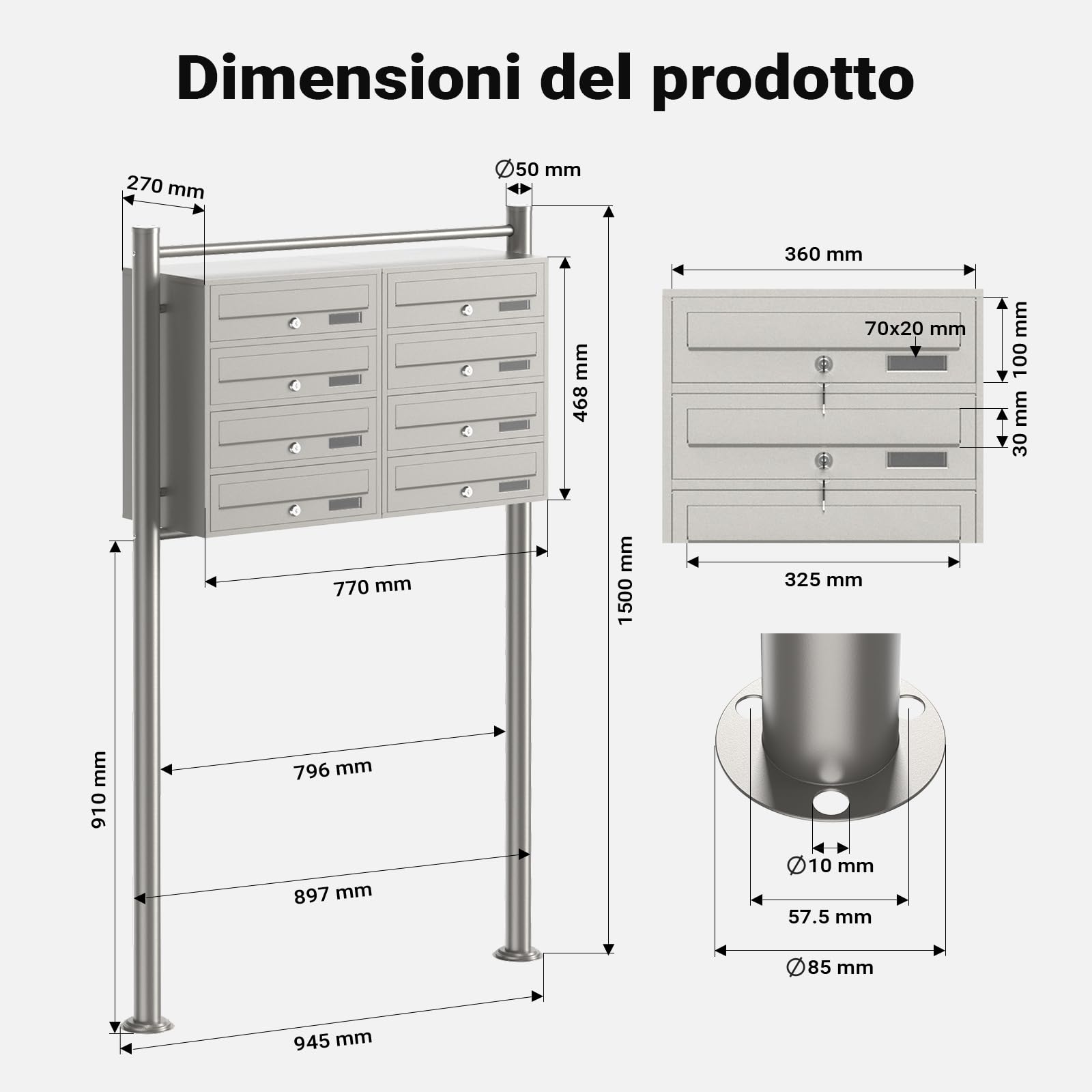 Wiltec Cassetta postale condominiale autoportante, 8 posti, acciaio inox, 945 x 270 x 1500 mm, 2 moduli