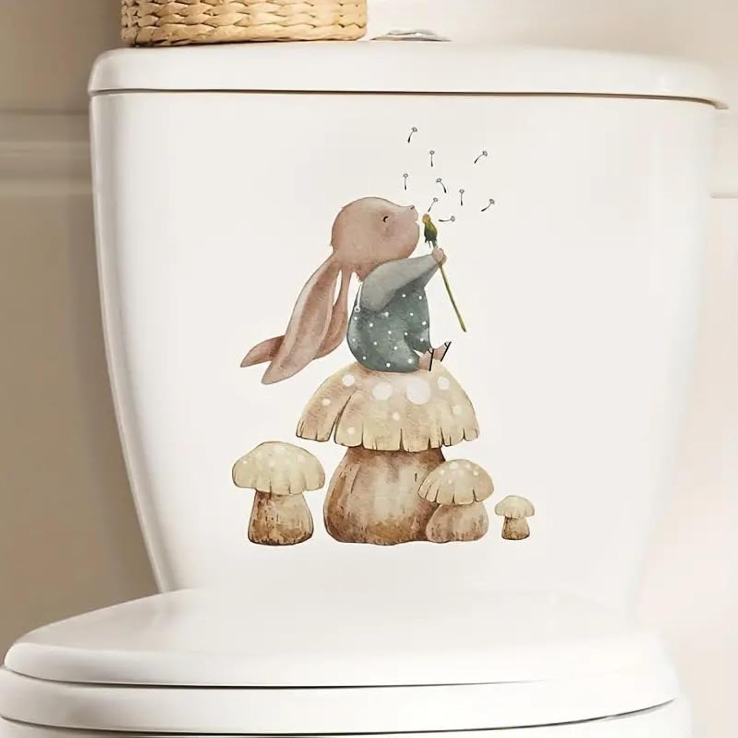 Tolovis Color Rabbit Mushroom Toilet Cover Sticker Decals,Flower Leaf Bird Waterproof Toilet Lid Tank Seat Decals Cistern Self-Adhesive Bathroom Wall Sticker