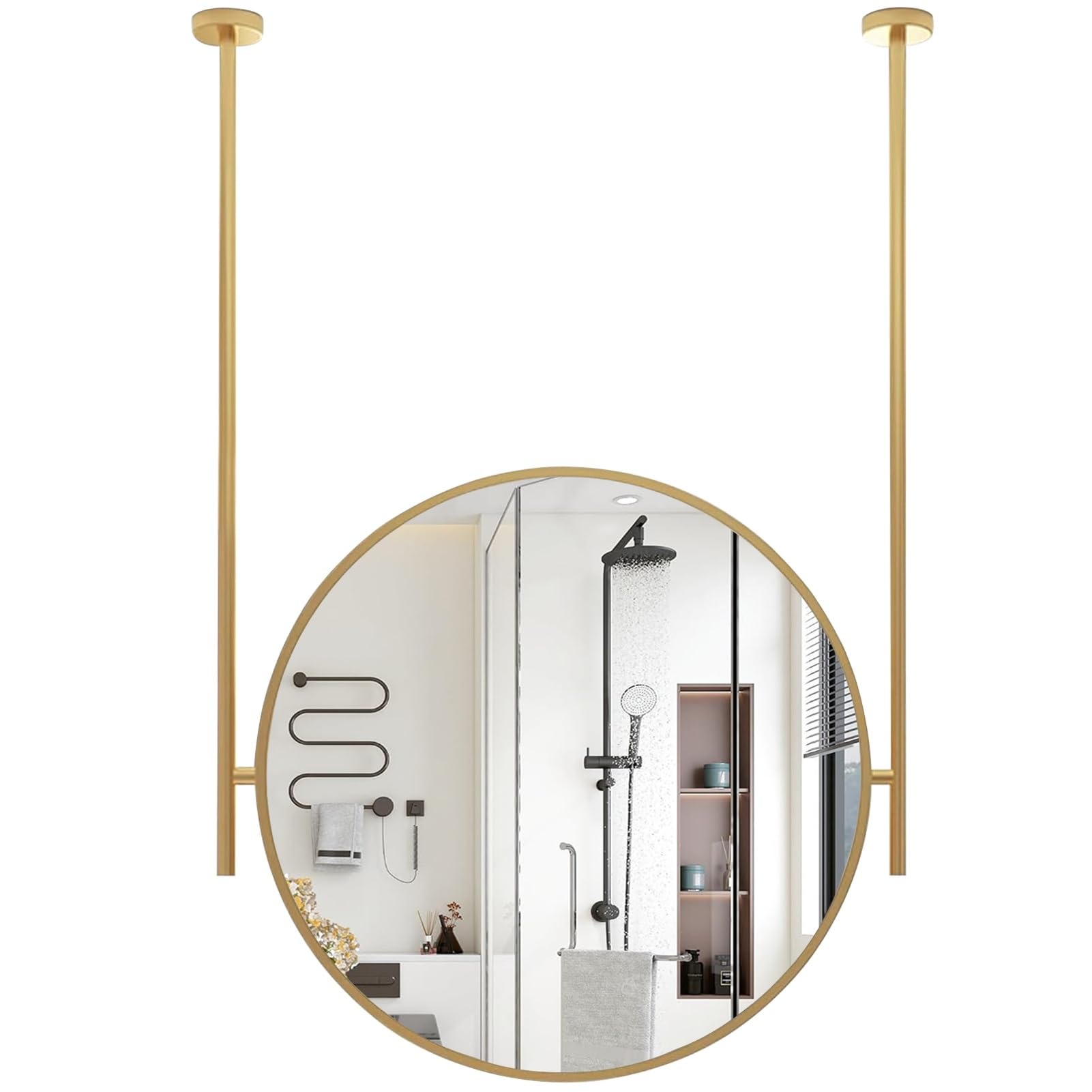 Miroir suspendu plafond doré rond 40cm pour salle de bain élégante