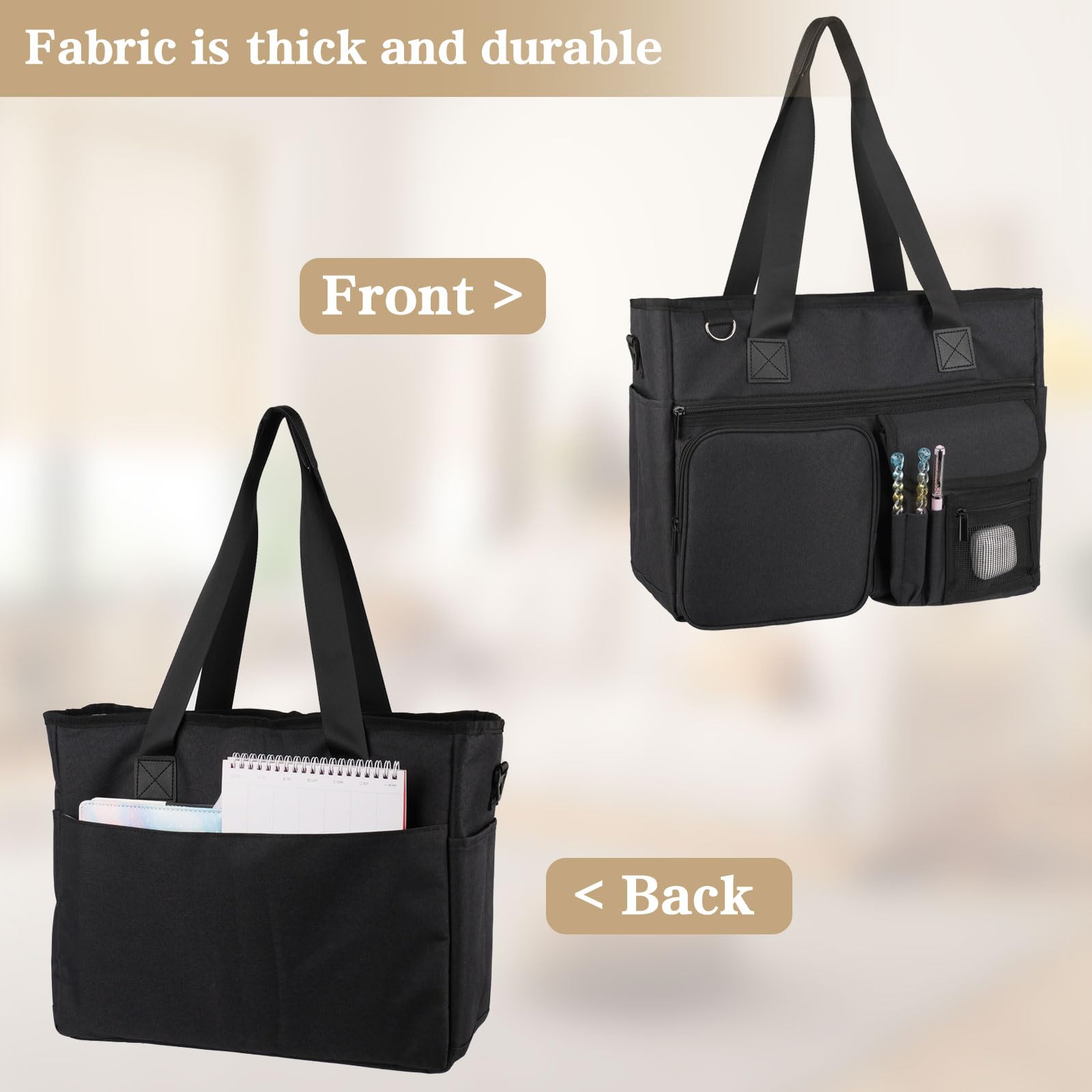 Borsa da Lavoro Portatile per Insegnanti con Tasche Multiple e Custodia Imbottita per Laptop, Grandi Borse Tote Ideale per Lavoro, Viaggi, Scuola, Ufficio, Affari - Nero