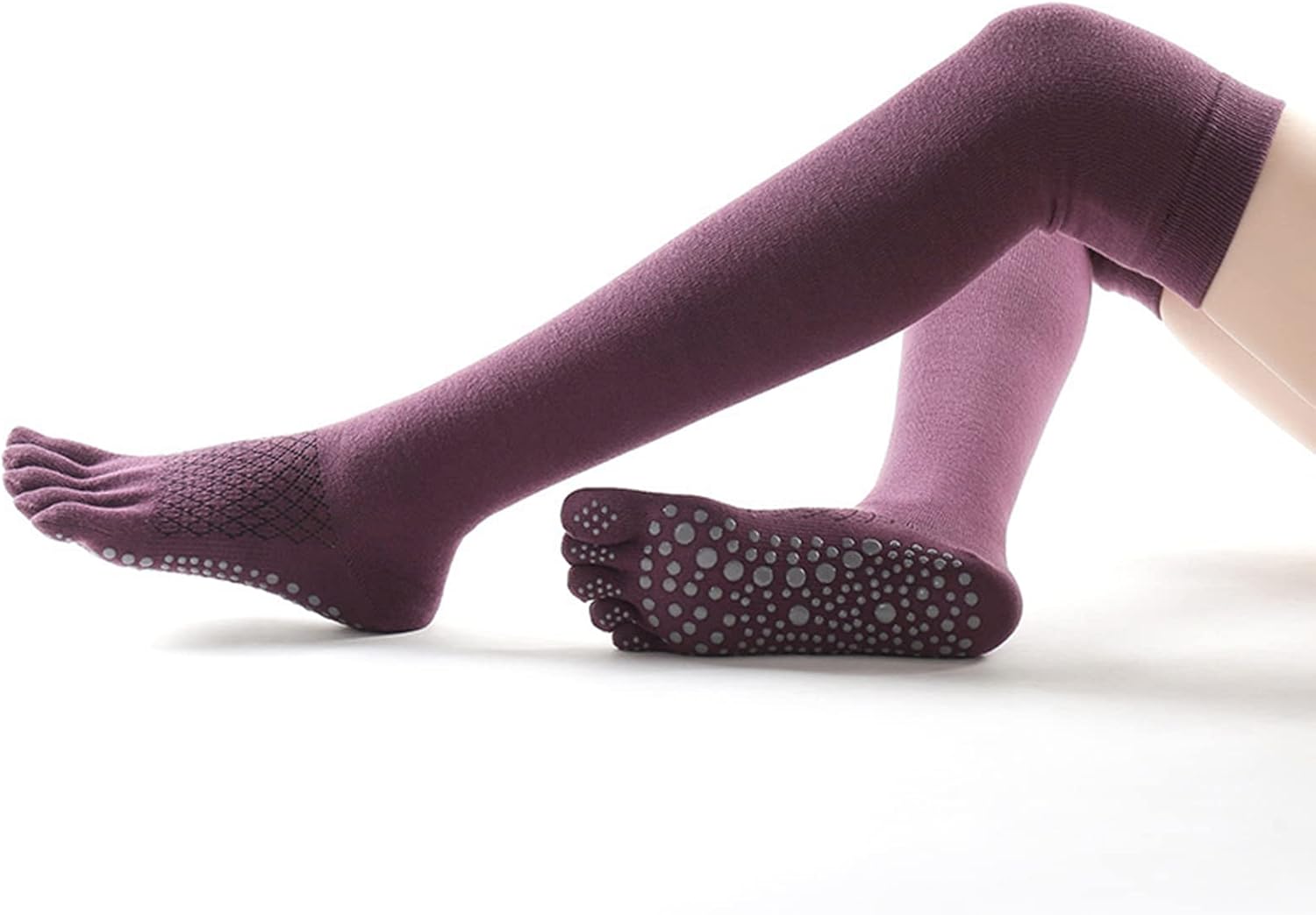 Pesine 2 PCS Thigh High Yoga Socks for Women Non-Slip Toeless Long Socks for Pilates Pure Barre Dance Barefoot Workout (Black & Grey), One Size
