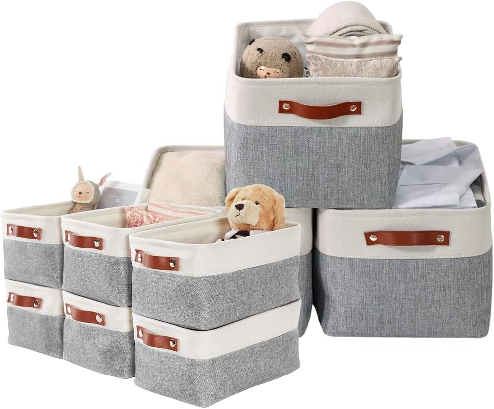 DECOMOMO Foldable Storage Bin (LARGE-Grey and White 15 x 11 x 9.5" - 3 Pack and Small 11.8 x 8 x 6-6 Pack) Collapsible Sturdy Cationic Fabric Storage Basket Cube W/Handles for Organizing Shelf Nurse