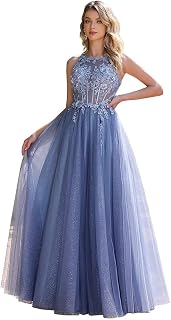 Misshow Luxuriöses Abendkleid für Zeremonie, lang, glitzernd, mit floralen Applikationen, schick, aus Tüll